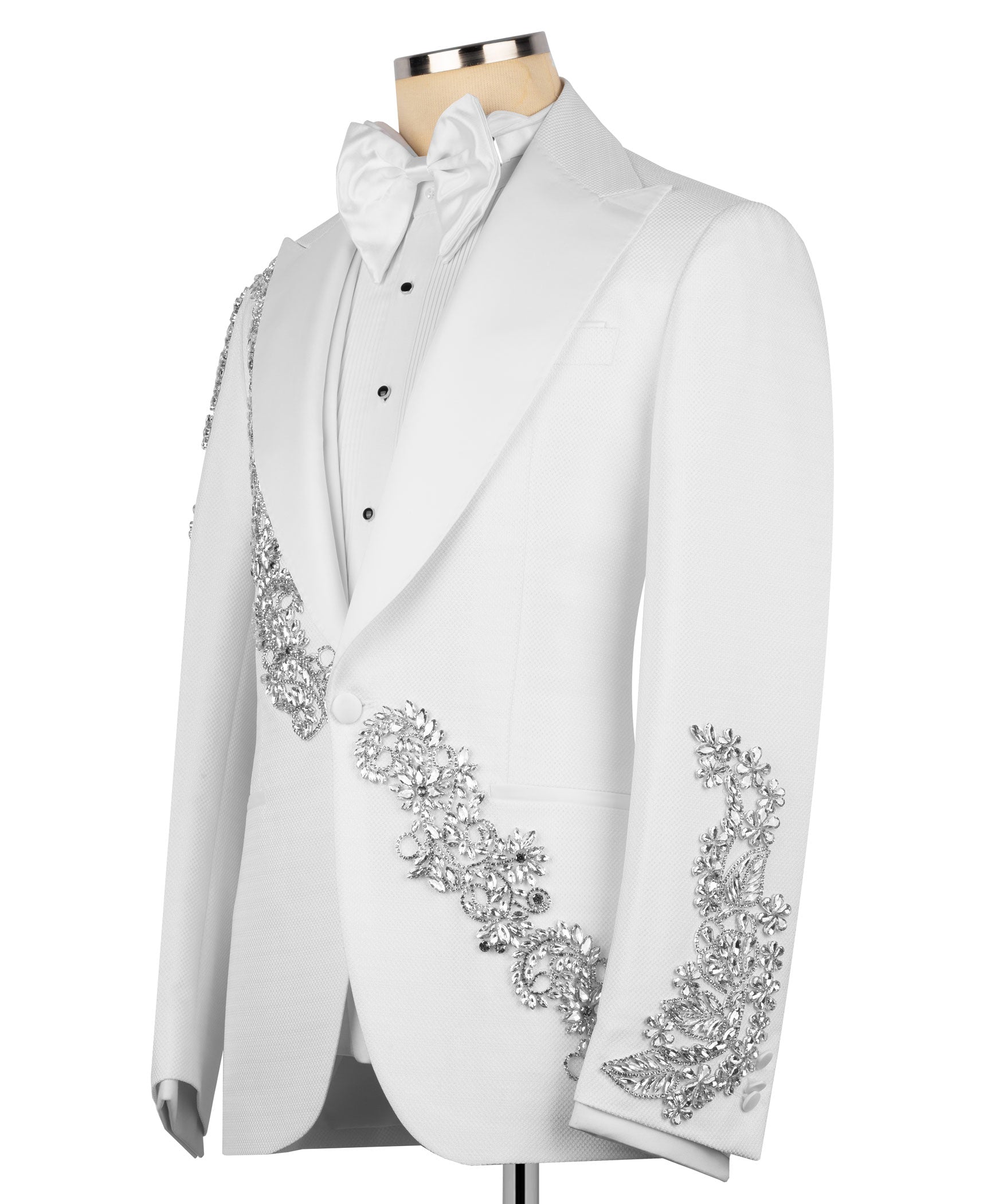 White tuxedo jacket with silver stone trim on lapel, cuffs, and front