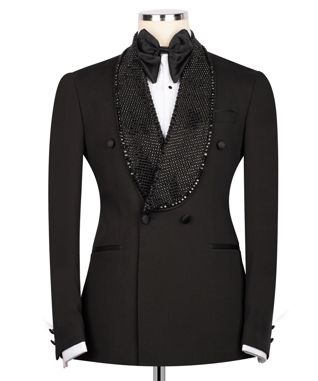 Black tuxedo blazer with beaded embroidered lapel, bow tie, two-button front
