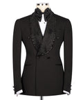 Black tuxedo blazer with beaded embroidered lapel, bow tie, two-button front