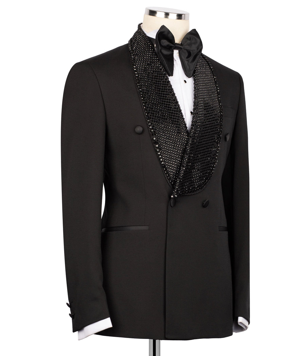 Black tuxedo jacket with satin bow tie and beaded embroidered shawl lapel