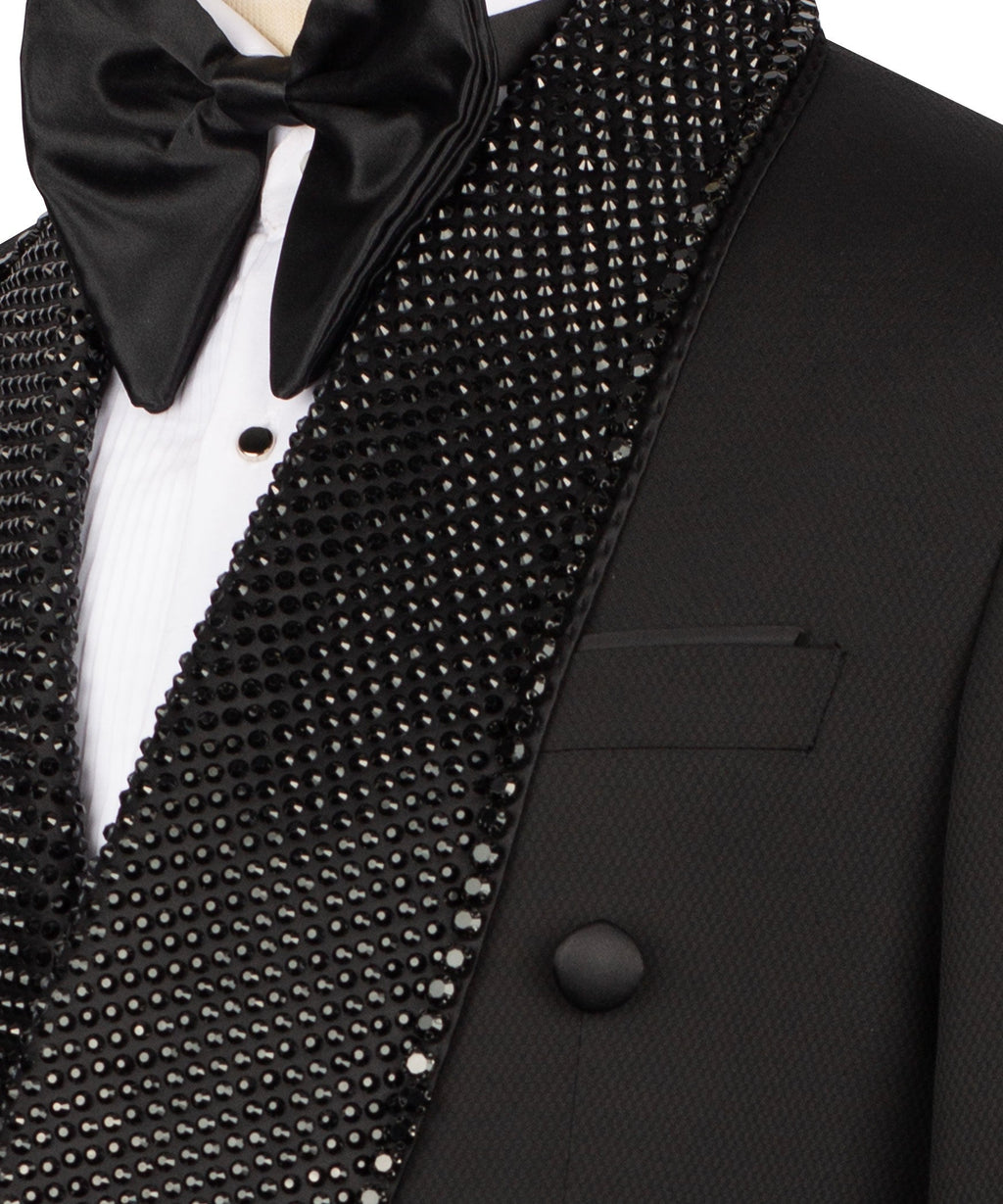 Beaded embroidered lapel detail with black satin bow tie over white shirt front
