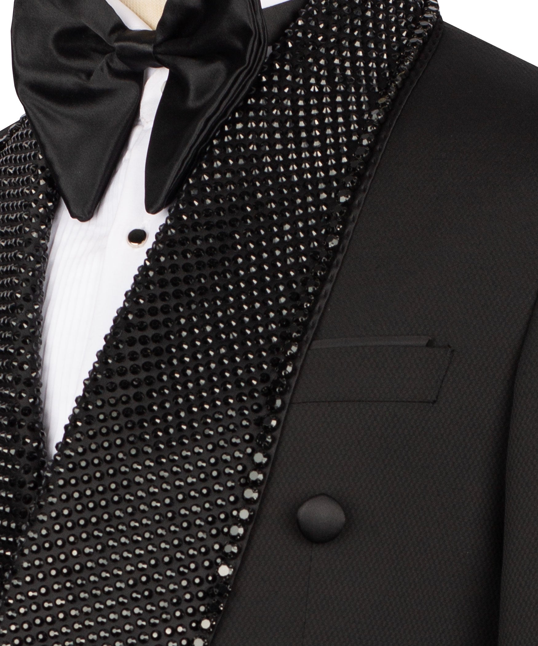 Beaded embroidered lapel detail with black satin bow tie over white shirt front