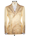 Yellow tuxedo jacket with gold stone embroidery, peak lapels, white bow tie