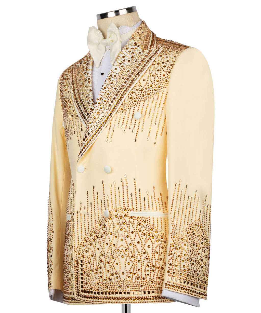 Yellow tuxedo jacket three-quarter view with gold stone embroidery and white bow tie
