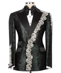 Black tuxedo jacket with silver stone embroidered lapel and bow-tie collar detail