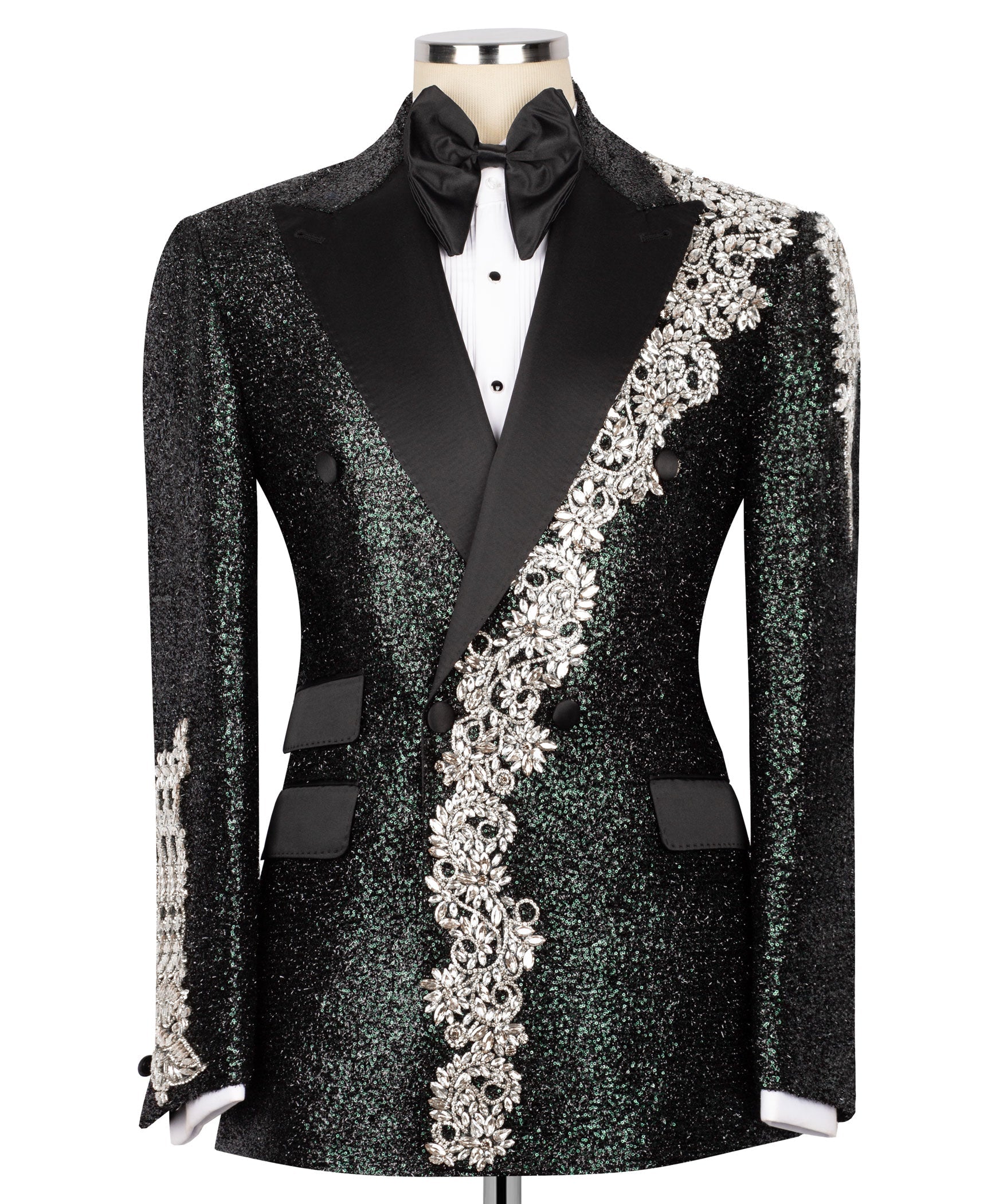 Black tuxedo jacket with silver stone embroidered lapel and bow-tie collar detail