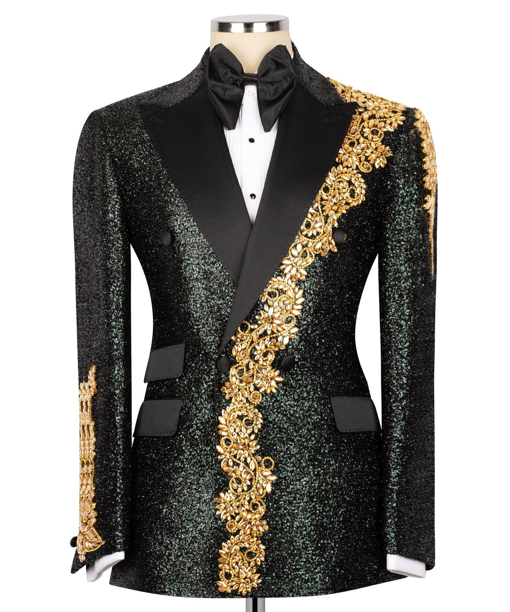 Black embellished tuxedo jacket with gold floral trim and satin lapels