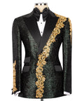 Black embellished tuxedo jacket with gold floral trim and satin lapels