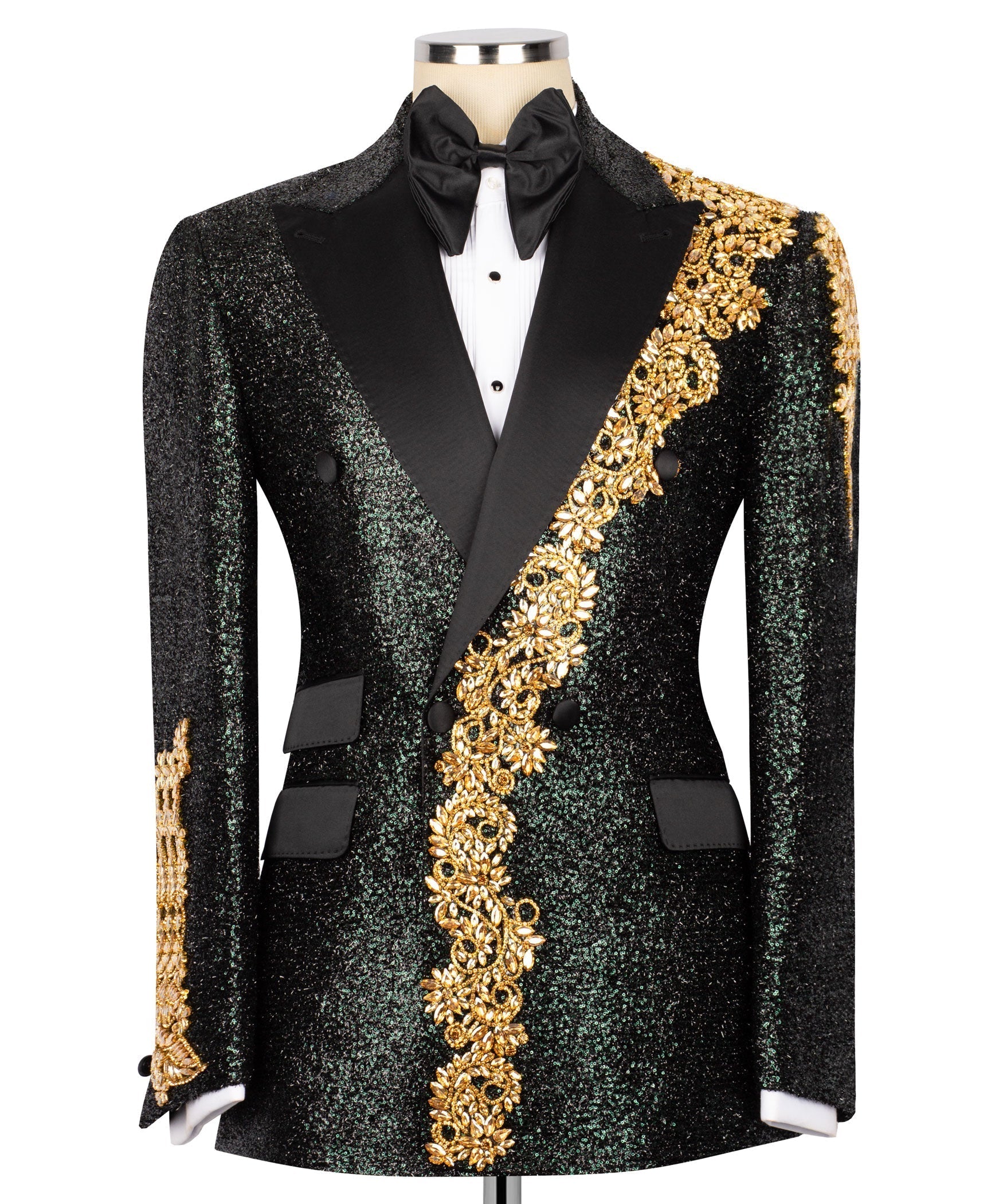 Black embellished tuxedo jacket with gold floral trim and satin lapels