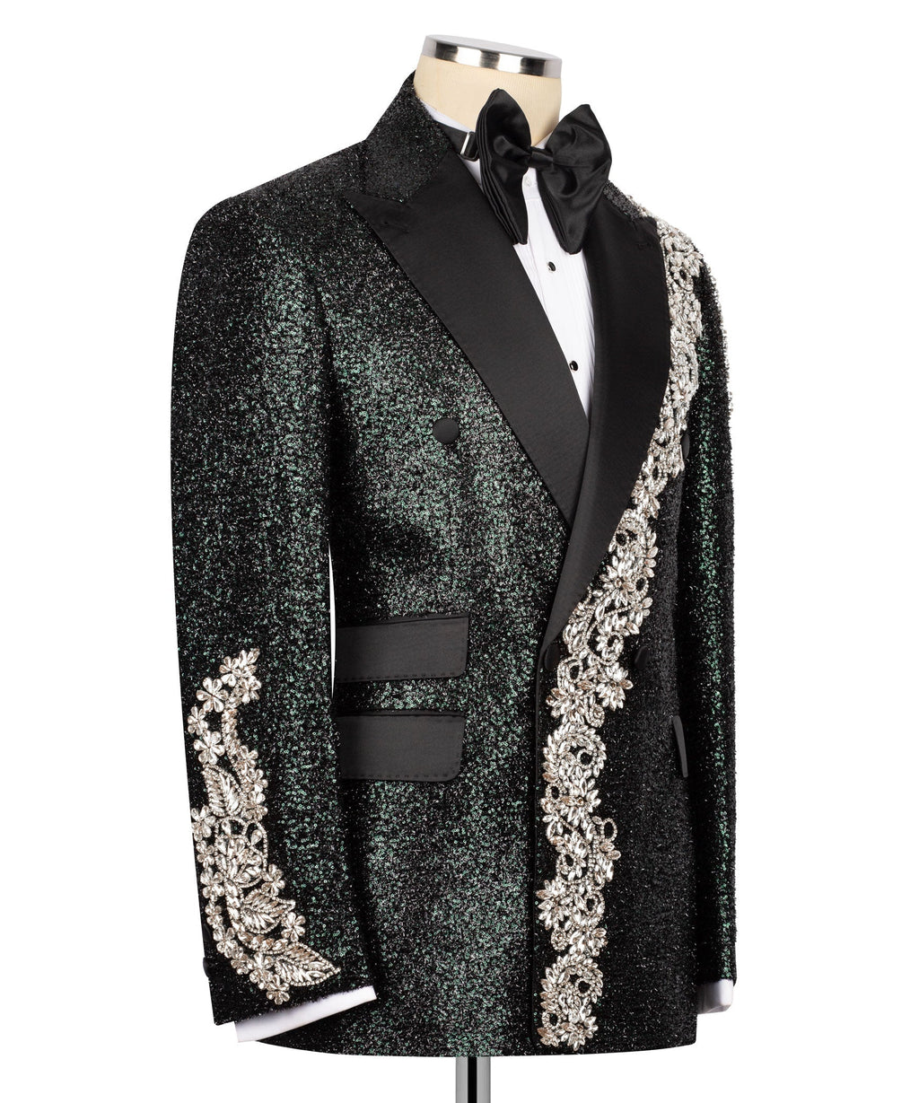 Black tuxedo jacket with silver stone floral trim along lapel and front pockets