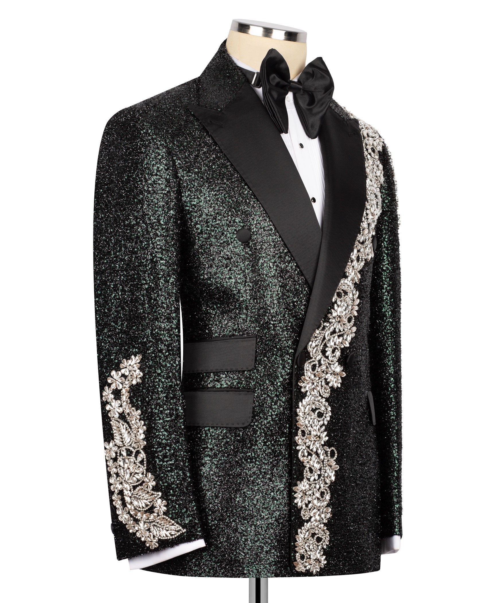 Black tuxedo jacket with silver stone floral trim along lapel and front pockets
