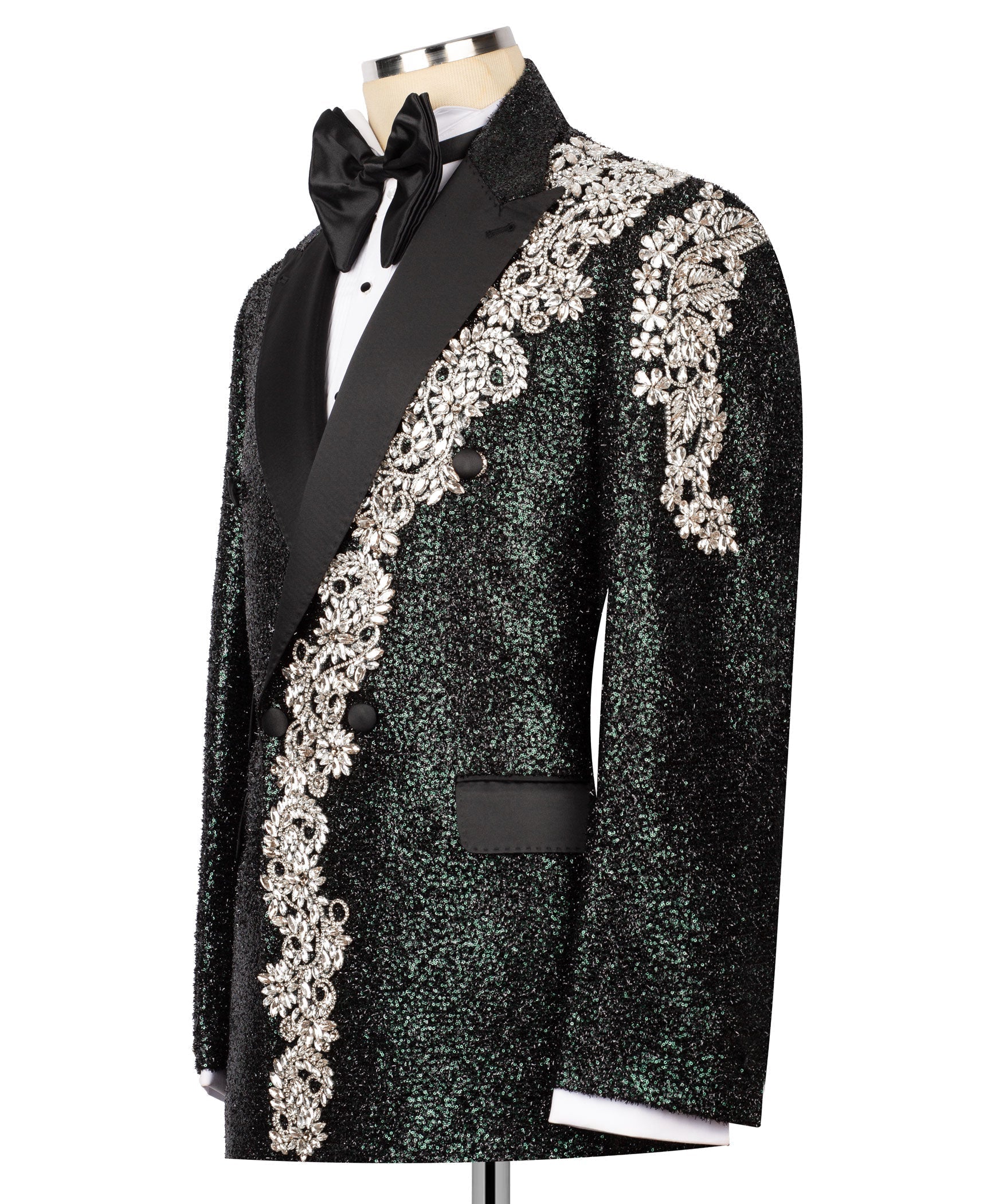 Black tuxedo jacket with silver stone buttons, floral trim panels, and black bow