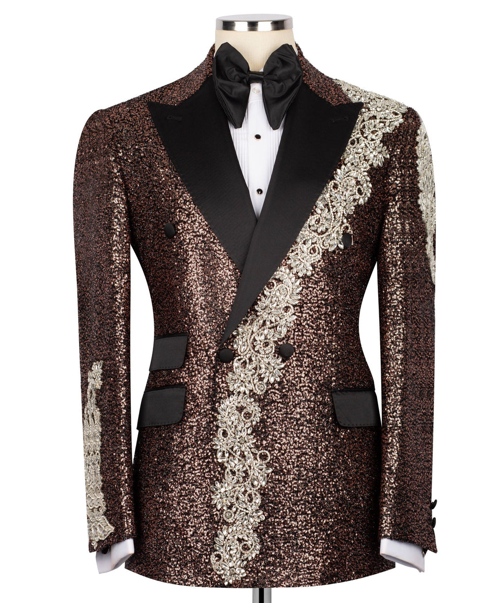 Bronze sequin tuxedo jacket with black lapels and silver stone embroidery