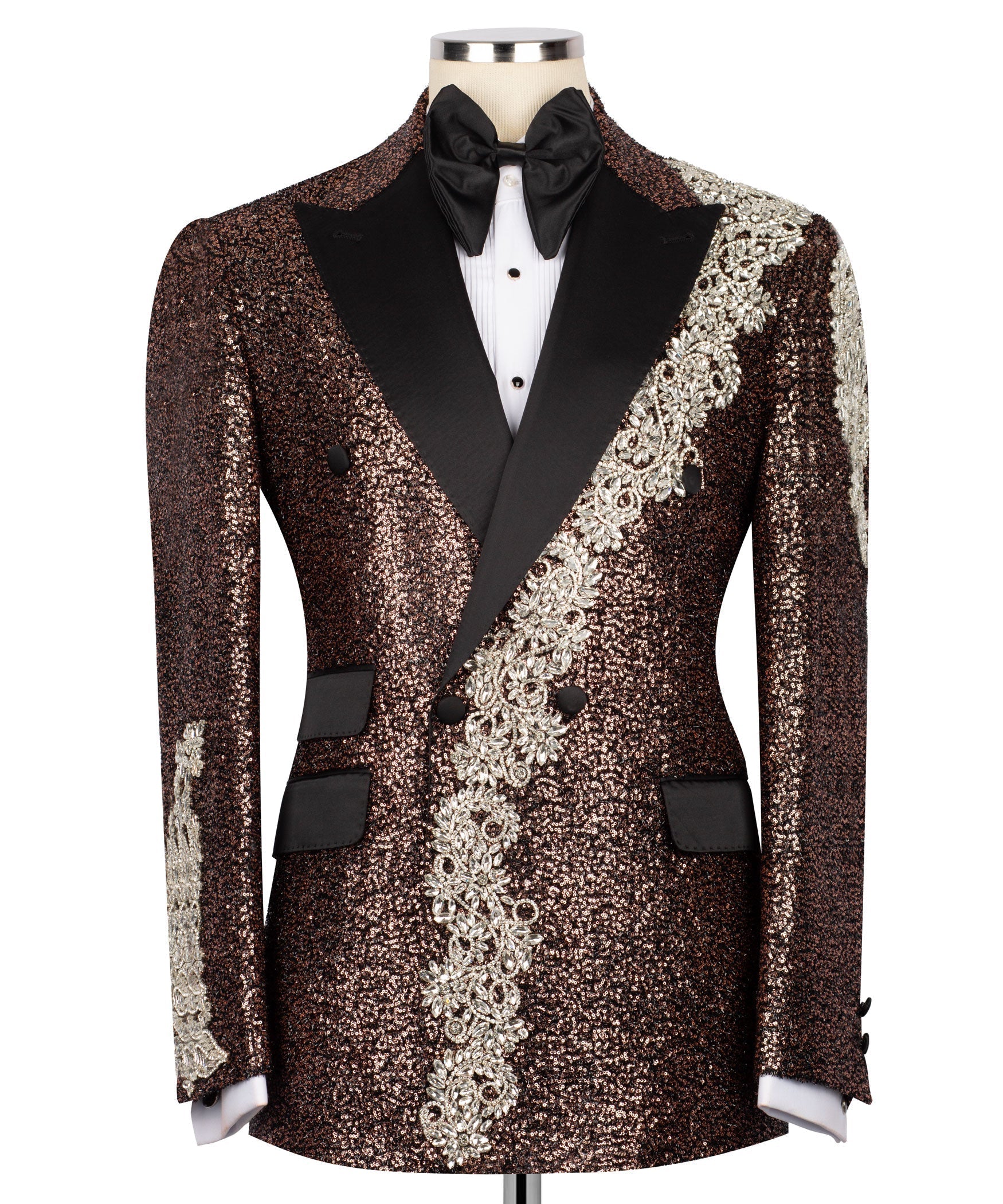 Bronze sequin tuxedo jacket with black lapels and silver stone embroidery