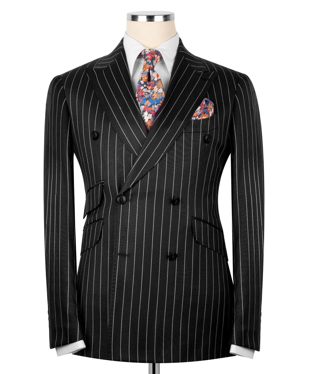 Black pinstripe double-breasted suit jacket, notch lapels, flap pockets
