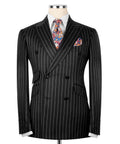 Black pinstripe double-breasted suit jacket, notch lapels, flap pockets