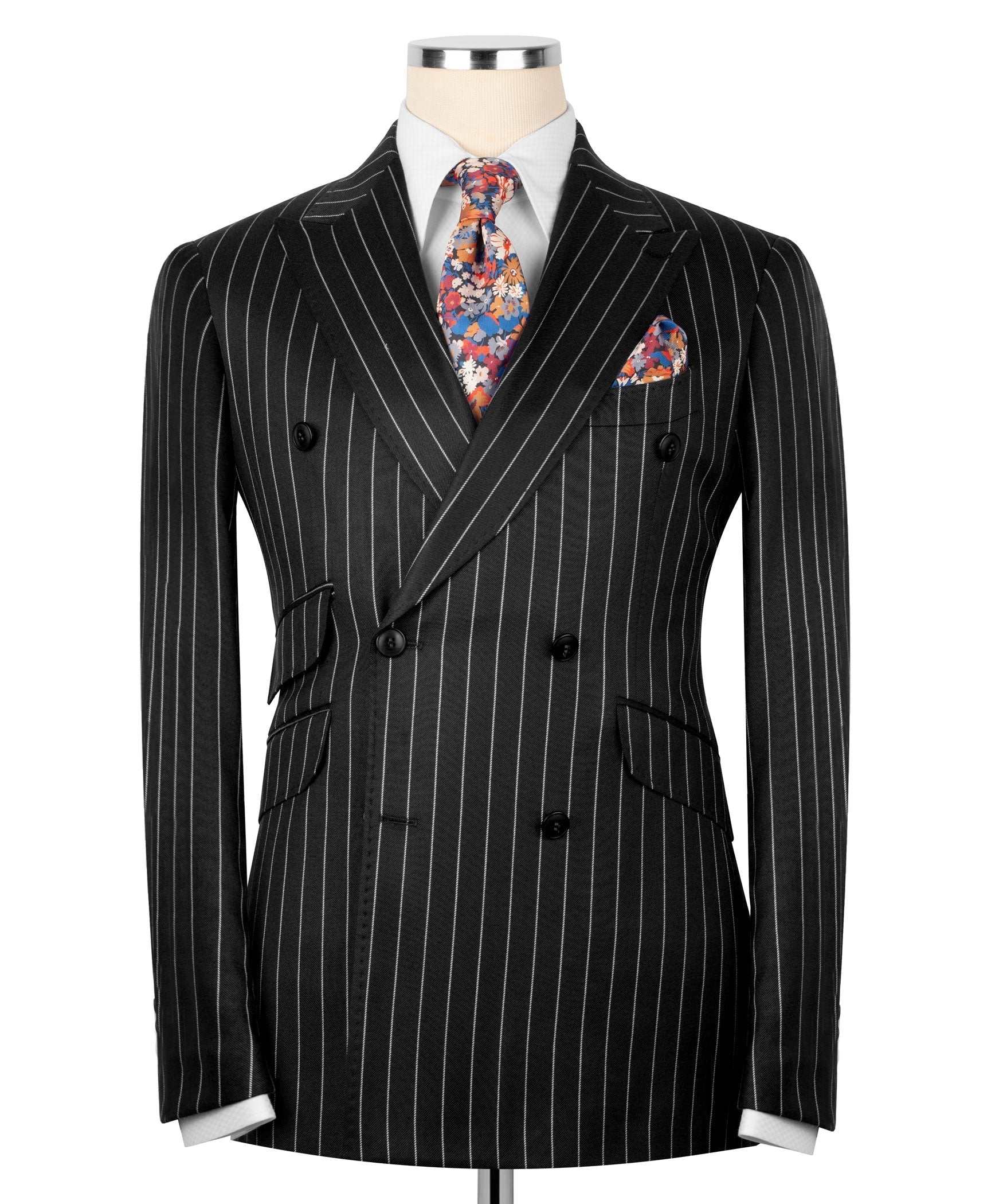Black pinstripe double-breasted suit jacket, notch lapels, flap pockets