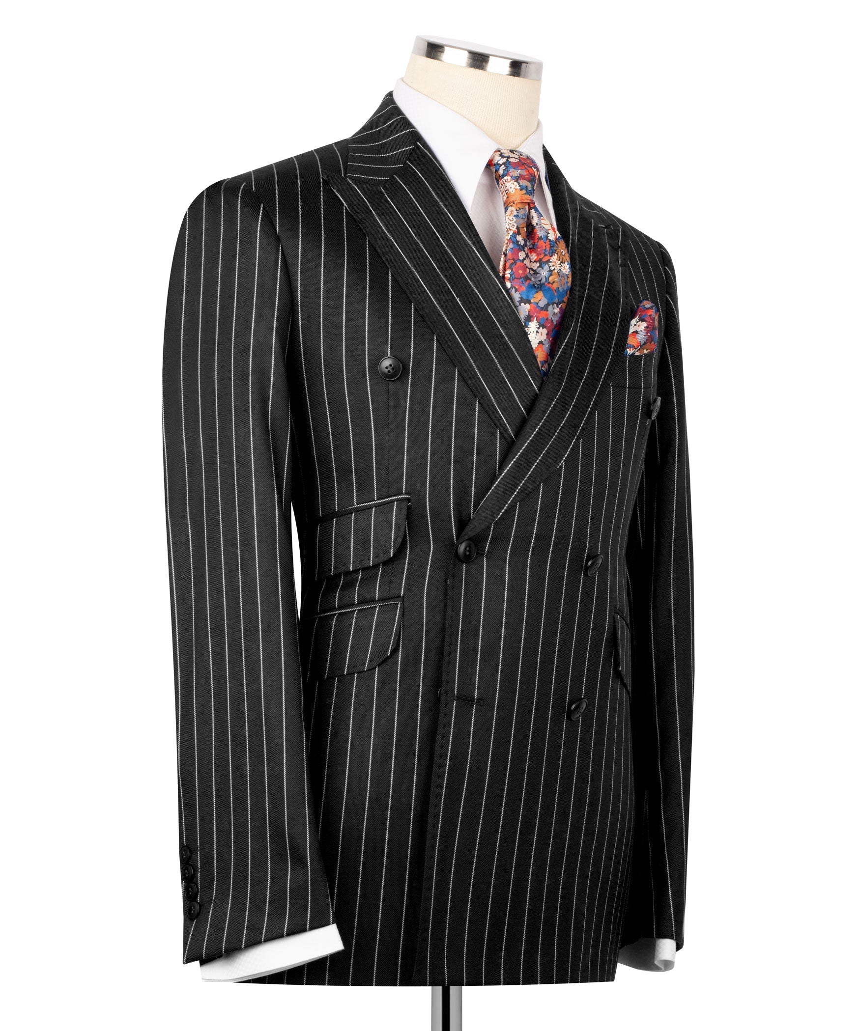 Black pinstripe double-breasted suit jacket with flap pockets, angled side view