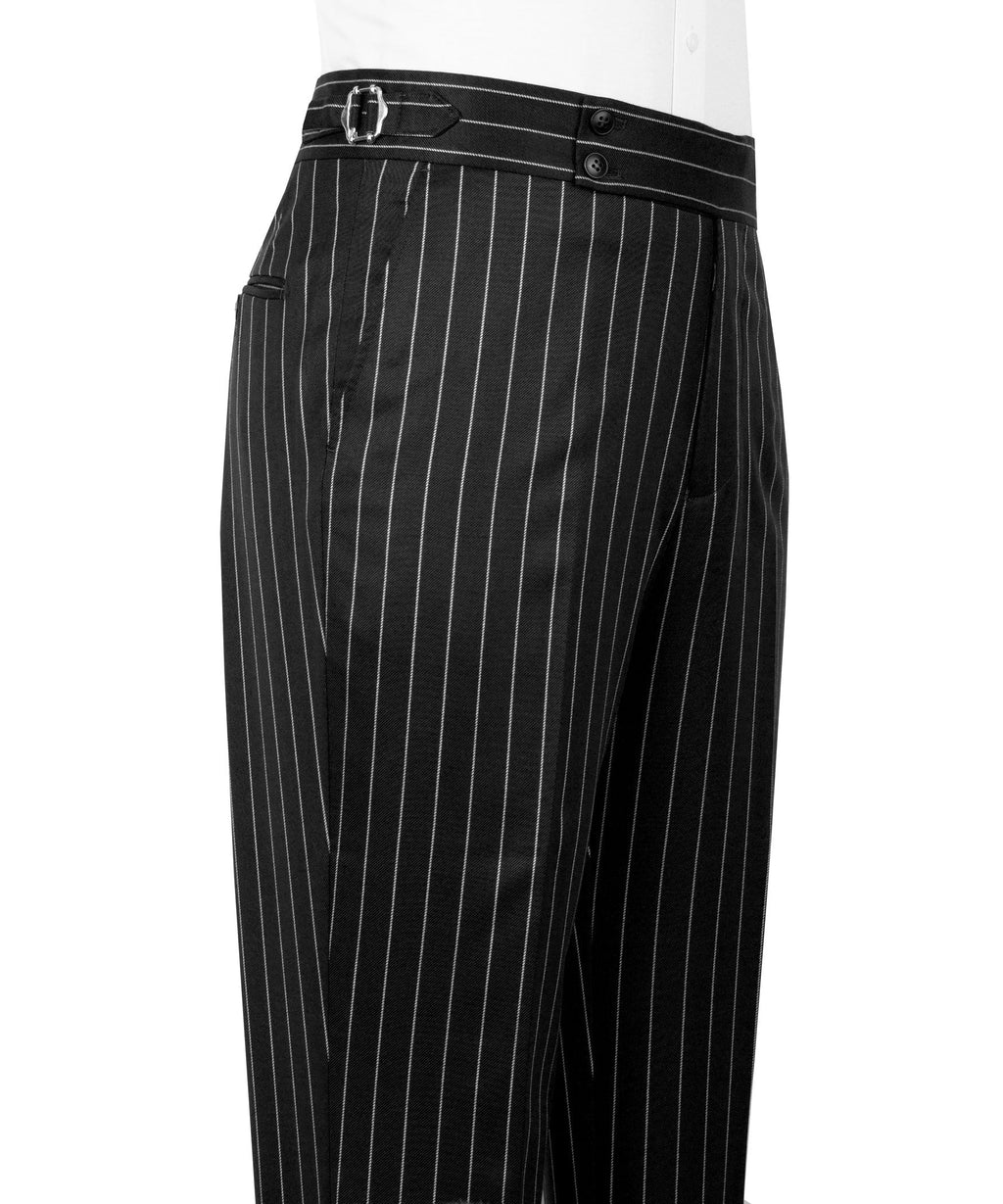 Black pinstripe suit trousers with waistband and side button, front view