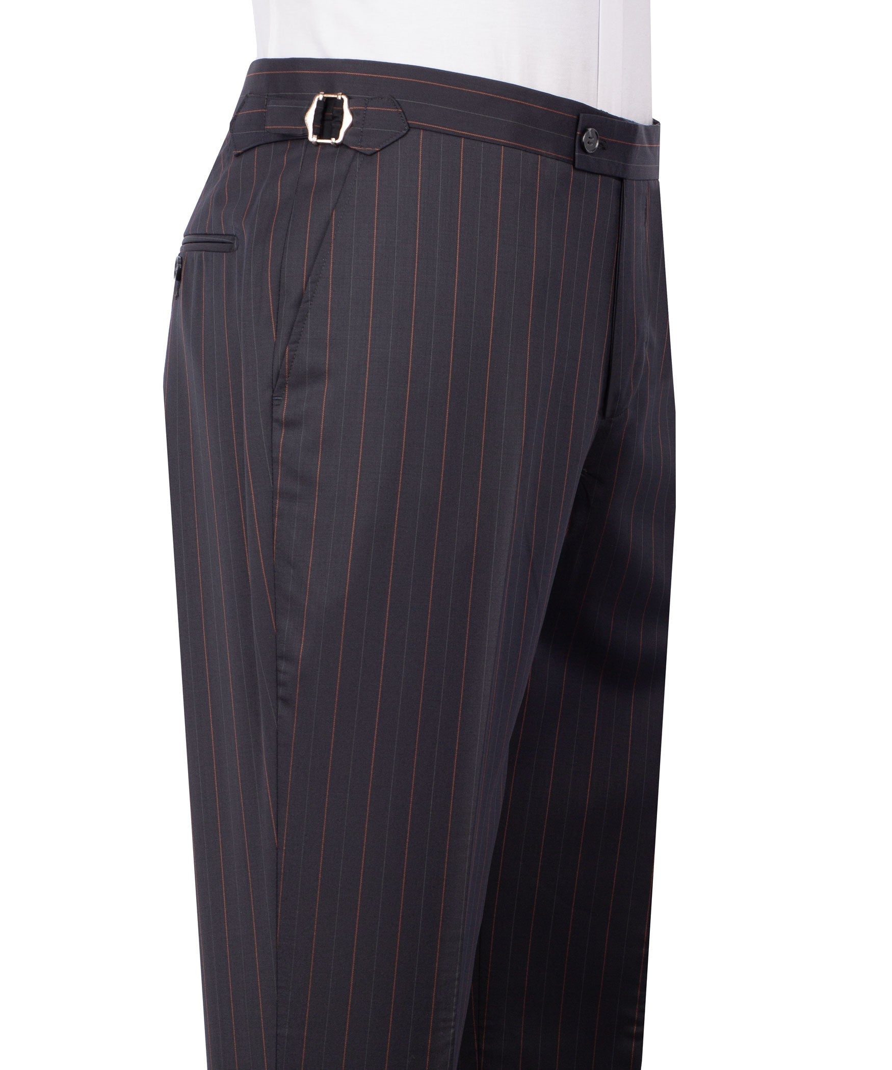 Dark pinstripe dress trousers with belt loops, button closure, and side pockets