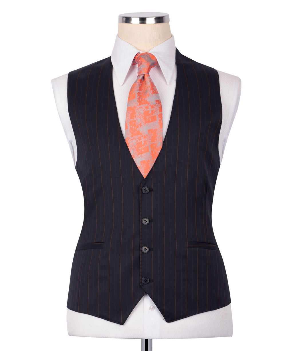 Dark pinstripe vest with four-button front, welt pockets, and orange patterned tie