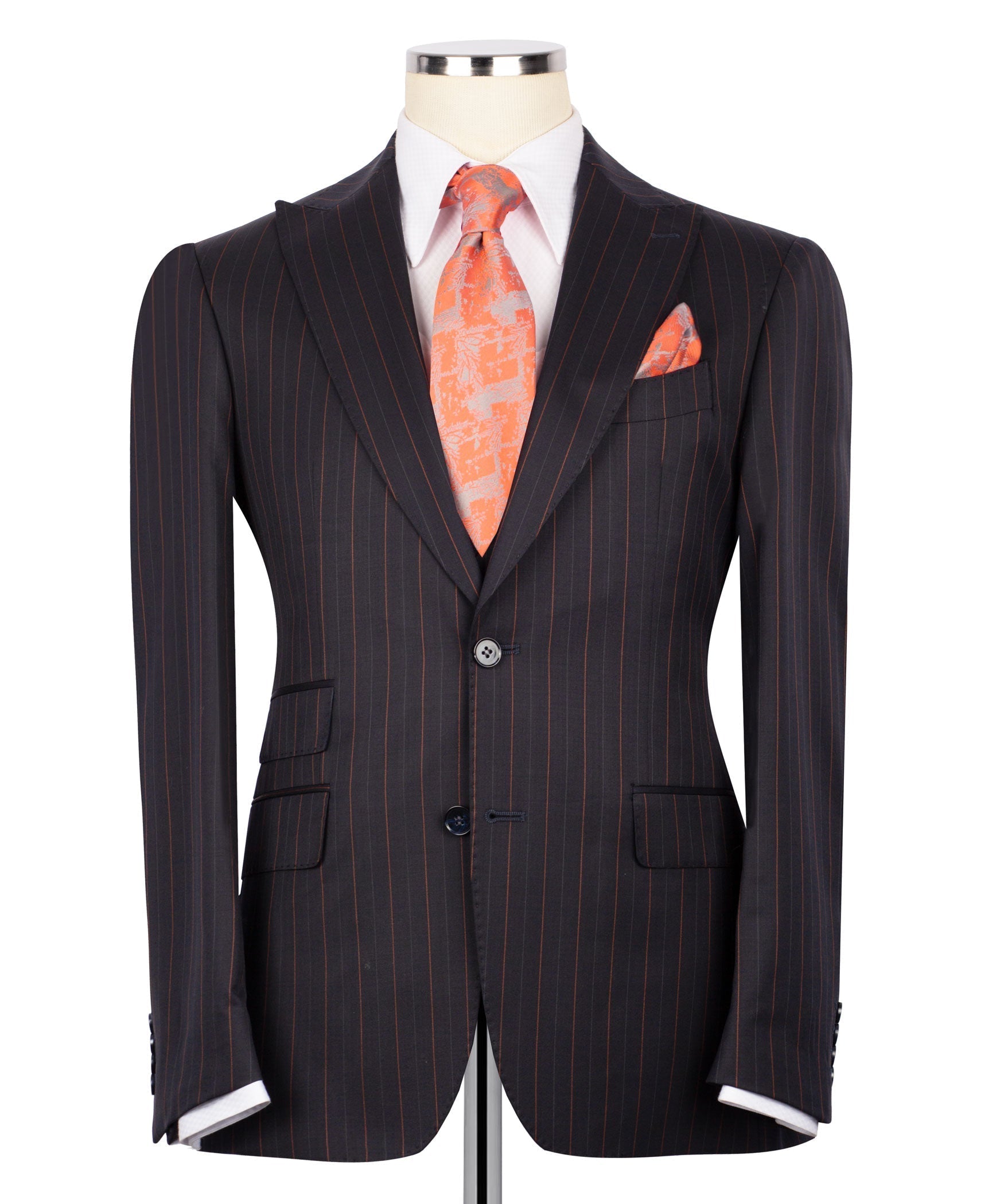 Dark pinstripe suit jacket front view with black buttons and flap pockets