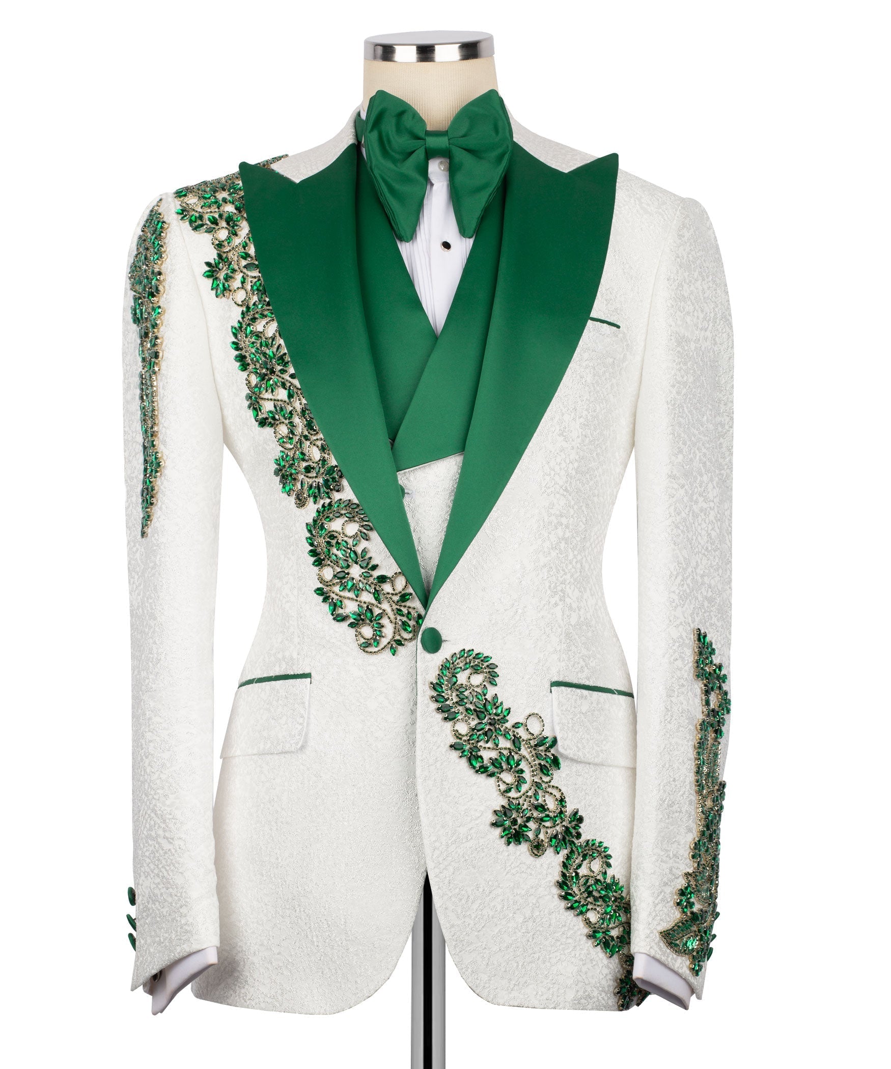 White tuxedo jacket with green satin shawl lapels and bow tie, stone-embroidered trim