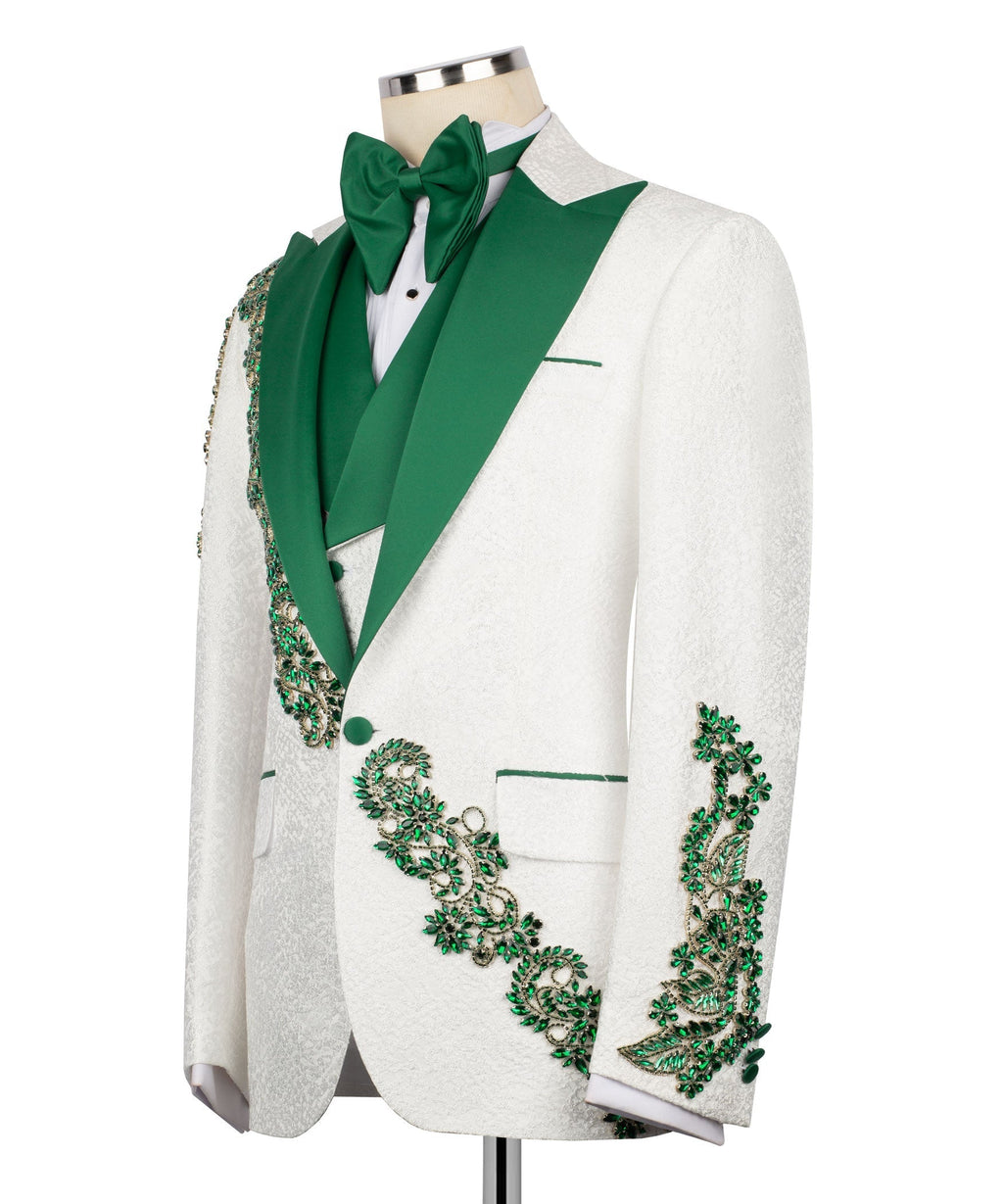 White tuxedo three-piece: green vest and bow tie with floral stone-embroidered chest panel