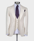 Cream tailored blazer with matching vest and purple patterned tie, front buttons and notch lapels