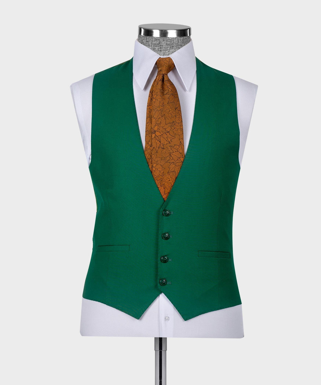 Green waistcoat with four-button front, white shirt collar, orange patterned tie
