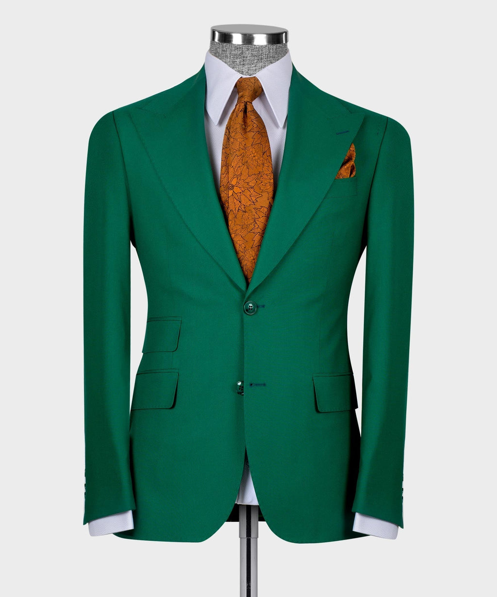Front view: green suit jacket and waistcoat set with white shirt and orange tie
