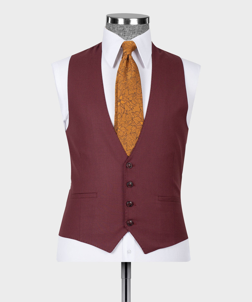 Burgundy waistcoat with V-neck and five-button front; mustard patterned tie