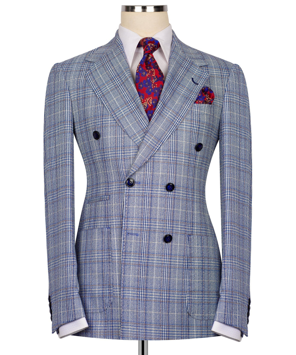 Light blue plaid double-breasted suit jacket with notch lapels, navy buttons