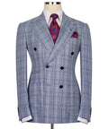 Light blue plaid double-breasted suit jacket with notch lapels, navy buttons