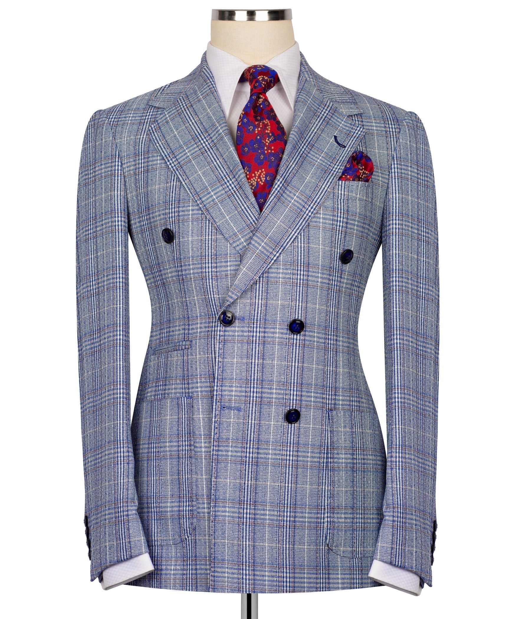 Light blue plaid double-breasted suit jacket with notch lapels, navy buttons