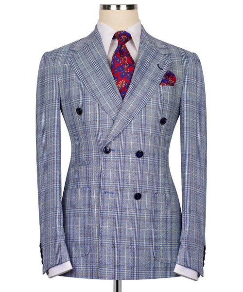 Light blue plaid double-breasted suit jacket with notch lapels, navy buttons