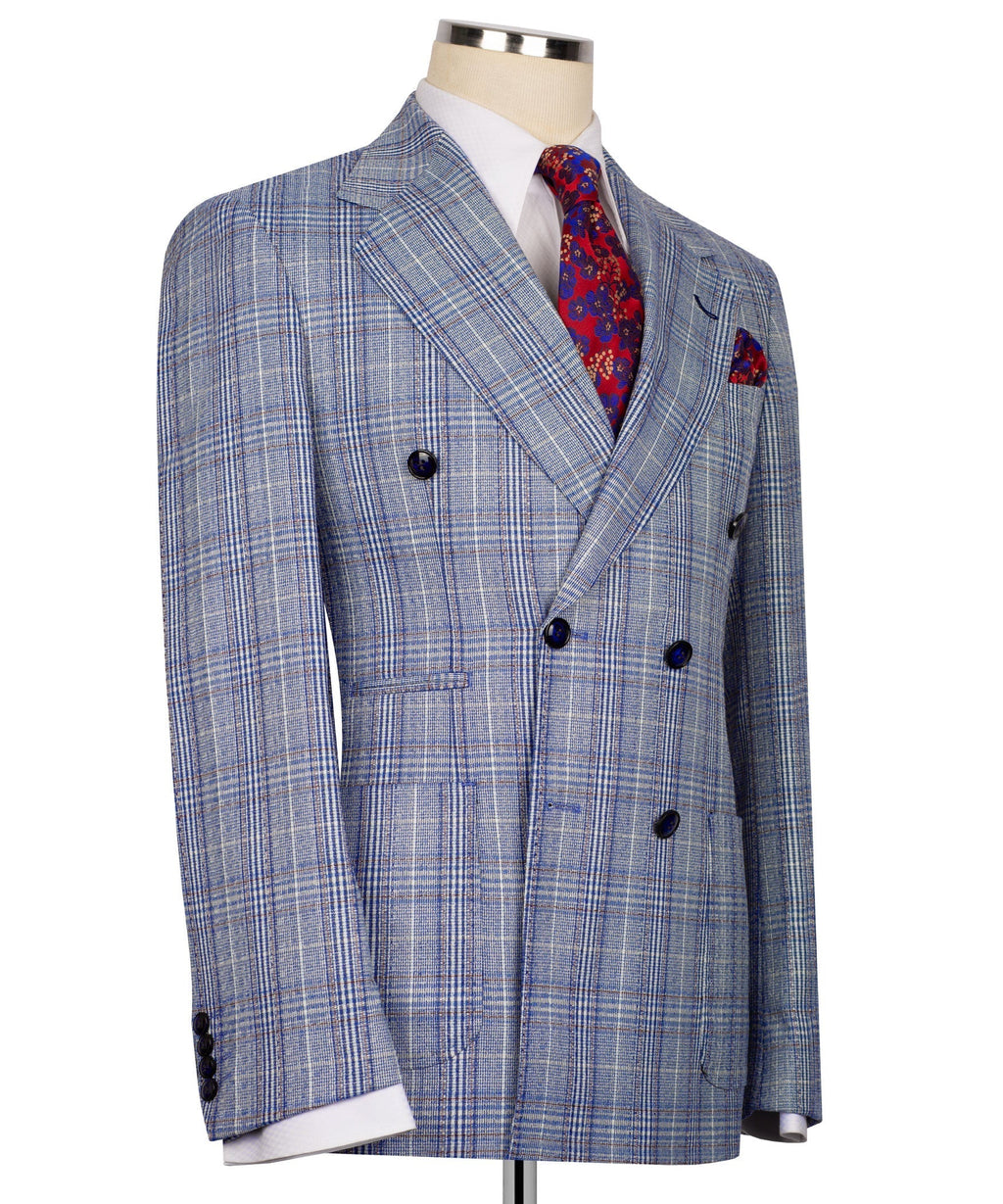 Light blue plaid suit jacket, double-breasted front and welt pockets, navy buttons