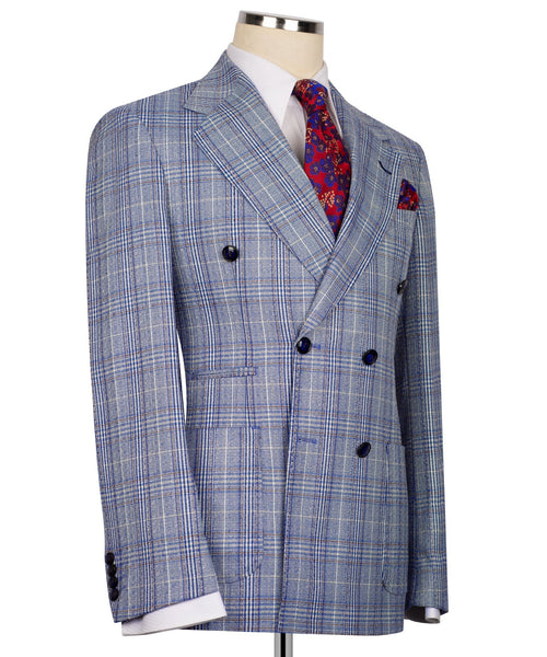 Light blue plaid suit jacket, double-breasted front and welt pockets, navy buttons