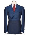 Blue suit jacket with red tie, double-breasted buttons and notched lapel