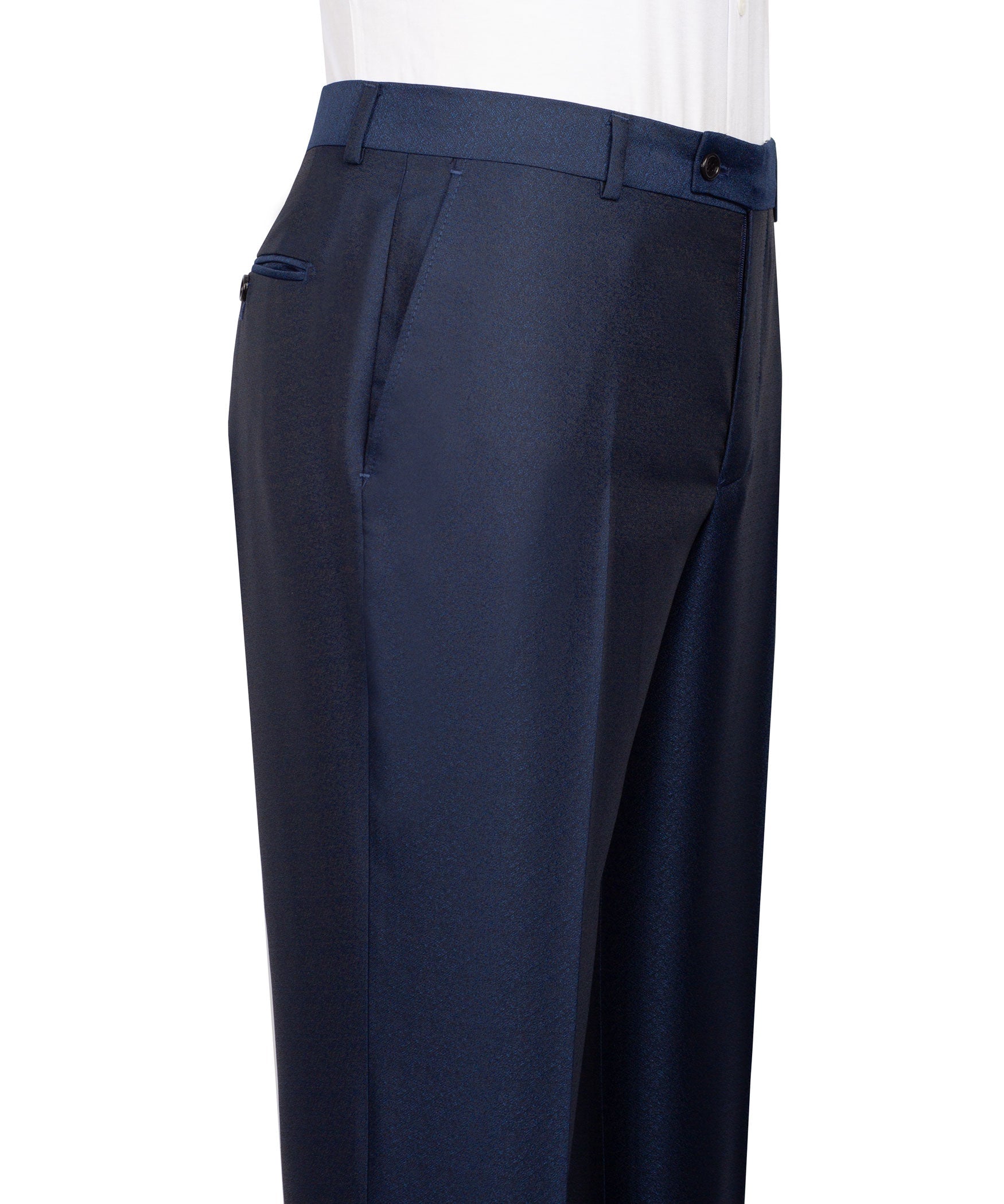 Blue suit trousers with belt loops, front pleats, and single button closure