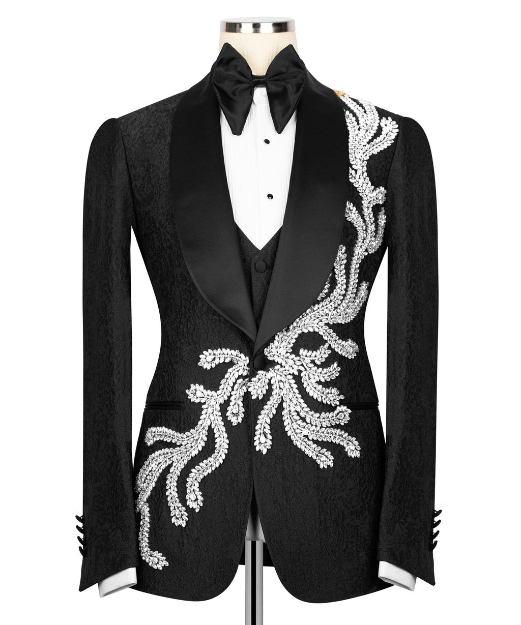 Black 3-piece tuxedo set: bow tie, satin vest, and silver crystal-embroidered lapels