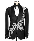 Black 3-piece tuxedo set: bow tie, satin vest, and silver crystal-embroidered lapels