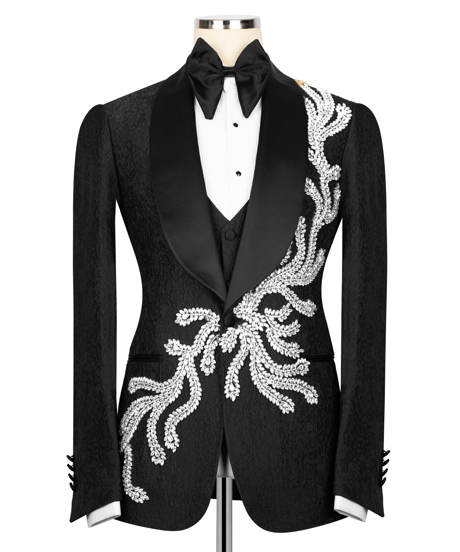 Black 3-piece tuxedo set: bow tie, satin vest, and silver crystal-embroidered lapels