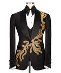 Black embroidered tuxedo jacket with satin lapels, gold crest scrollwork and bow tie