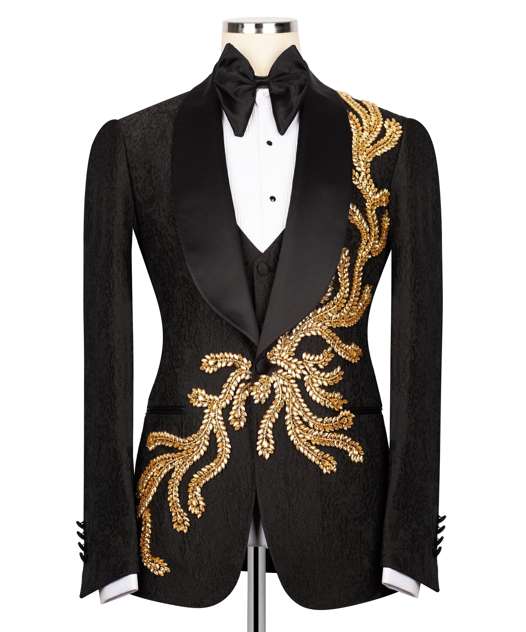 Black embroidered tuxedo jacket with satin lapels, gold crest scrollwork and bow tie