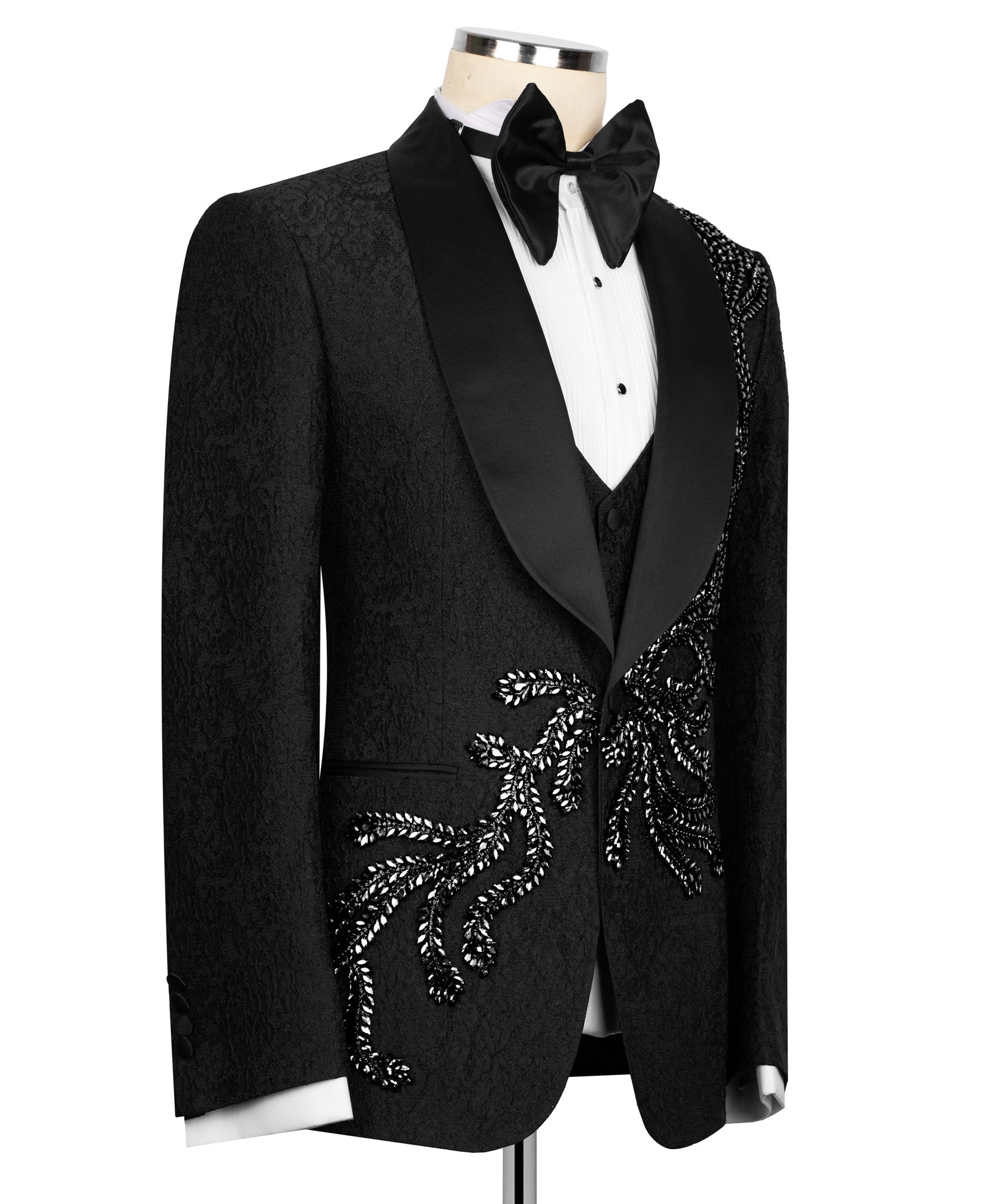 Black tuxedo vest and jacket set with embroidered stone detailing at chest