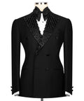 Black tuxedo jacket with jeweled embroidered peak lapels and satin bow tie