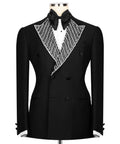 Black tuxedo jacket with rhinestone-embellished V yoke and black bow tie
