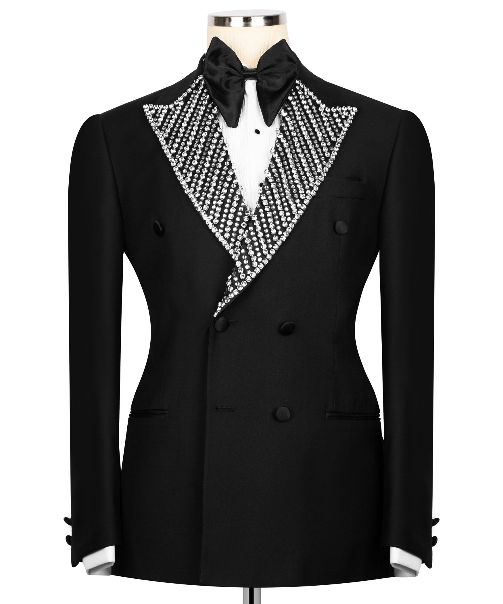 Black tuxedo jacket with rhinestone-embellished V yoke and black bow tie