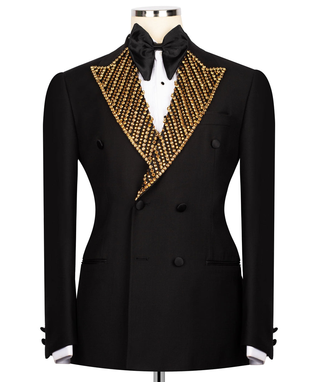 Black tuxedo jacket with gold beaded embroidered lapels and satin bow tie